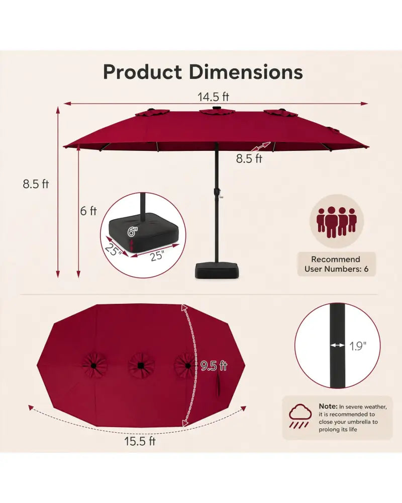 15.5FT Extra-Large Patio Umbrella with Base 12 Reinforced Ribs-Red - Red - Outdoor Umbrellas