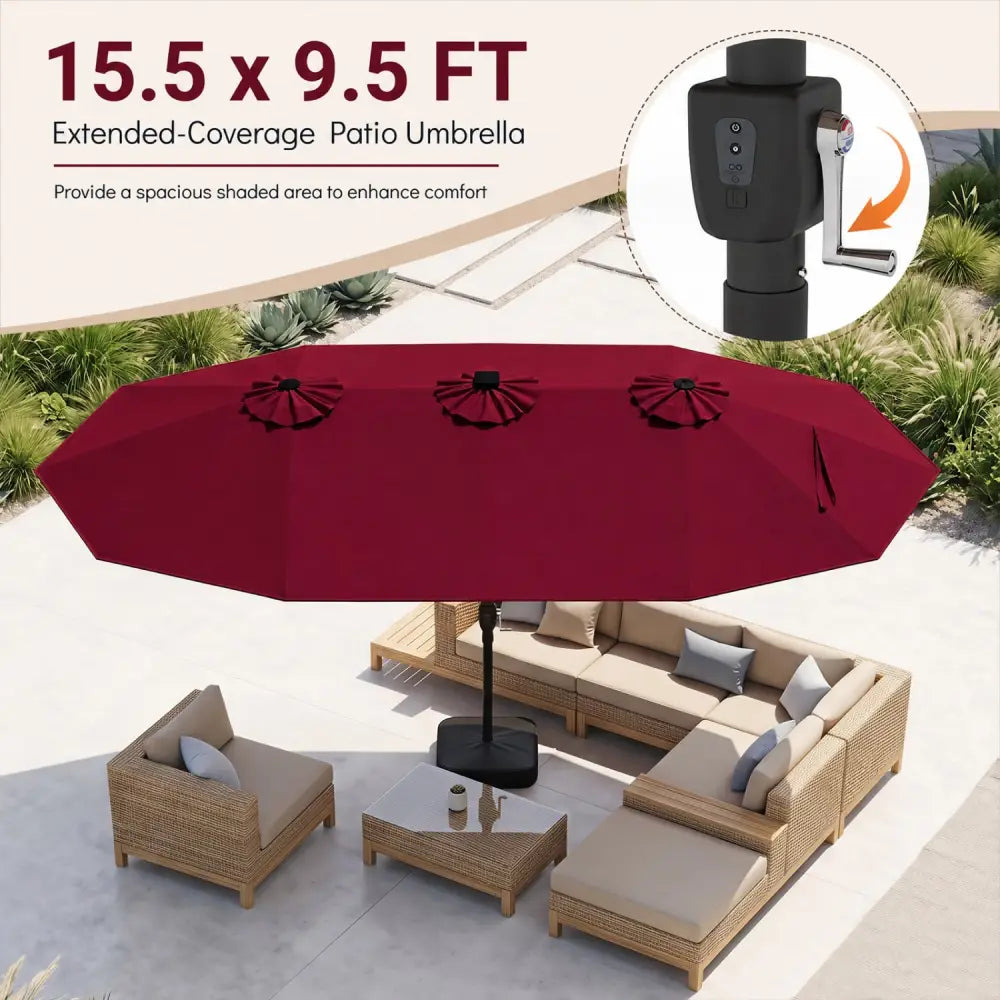 15.5FT Extra-Large Patio Umbrella with Base 12 Reinforced Ribs-Red - Red - Outdoor Umbrellas