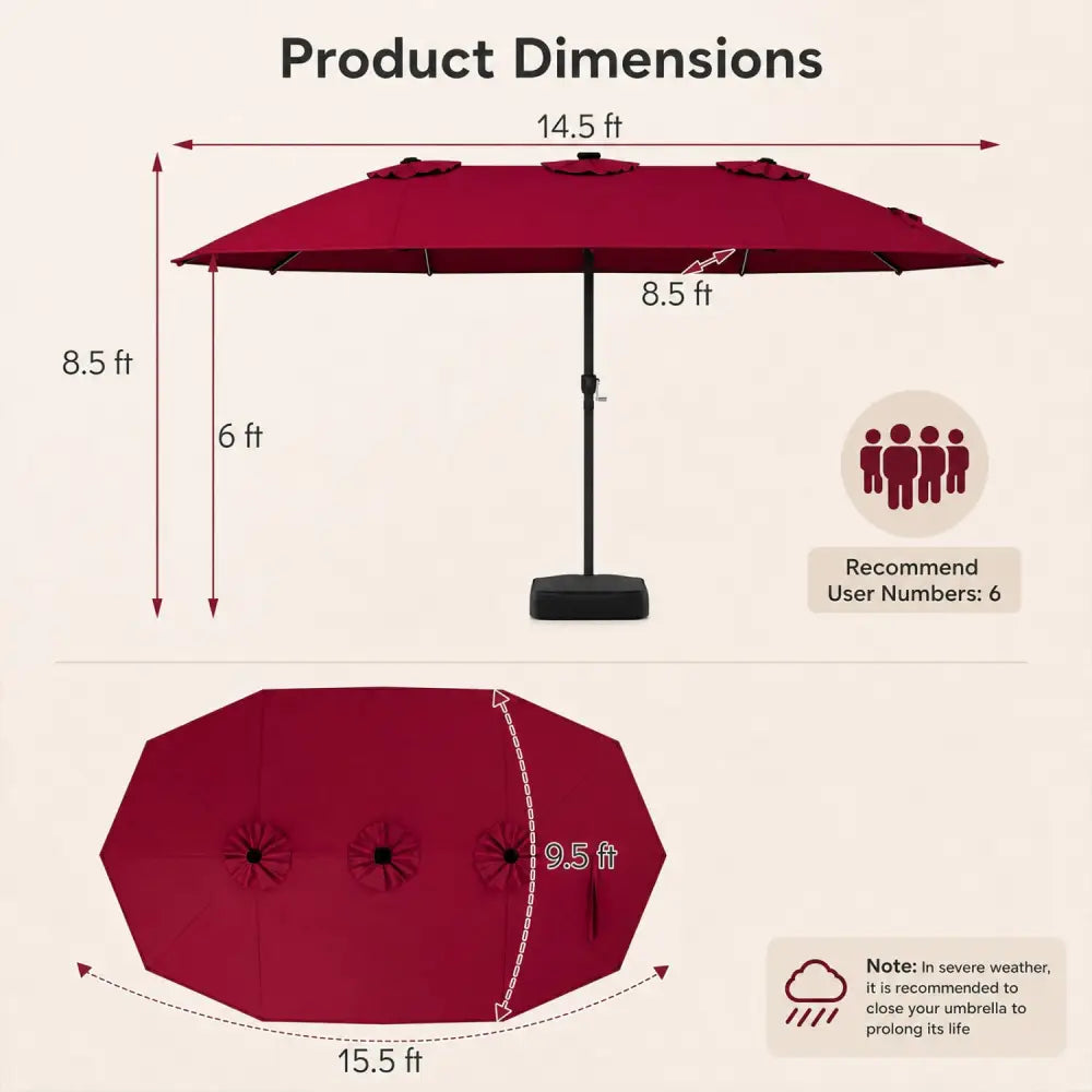 15.5FT Extra-Large Patio Umbrella with Base 12 Reinforced Ribs-Red - Red - Outdoor Umbrellas