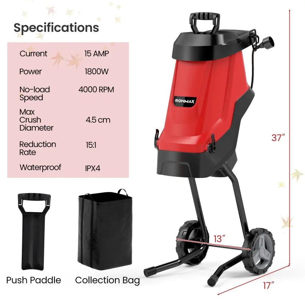 15-AMP Electric Wood Chipper and Shredder Leaf Mulcher with Wheels-Red - Red - Lawn Care Tools