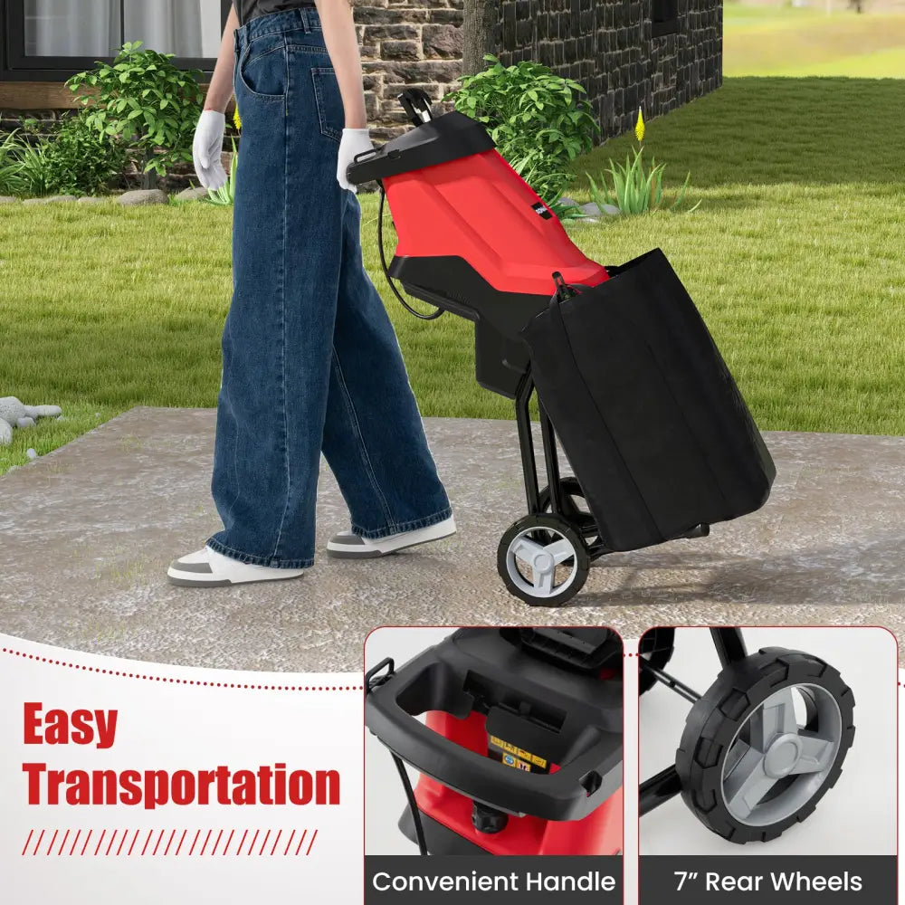 15-AMP Electric Wood Chipper and Shredder Leaf Mulcher with Wheels-Red - Red - Lawn Care Tools