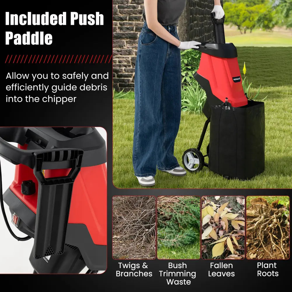 15-AMP Electric Wood Chipper and Shredder Leaf Mulcher with Wheels-Red - Red - Lawn Care Tools