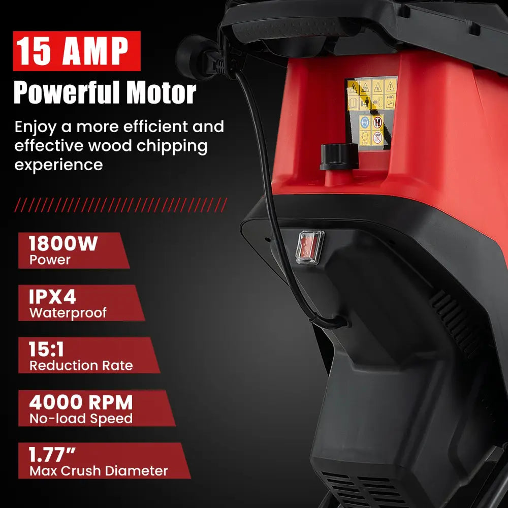 15-AMP Electric Wood Chipper and Shredder Leaf Mulcher with Wheels-Red - Red - Lawn Care Tools