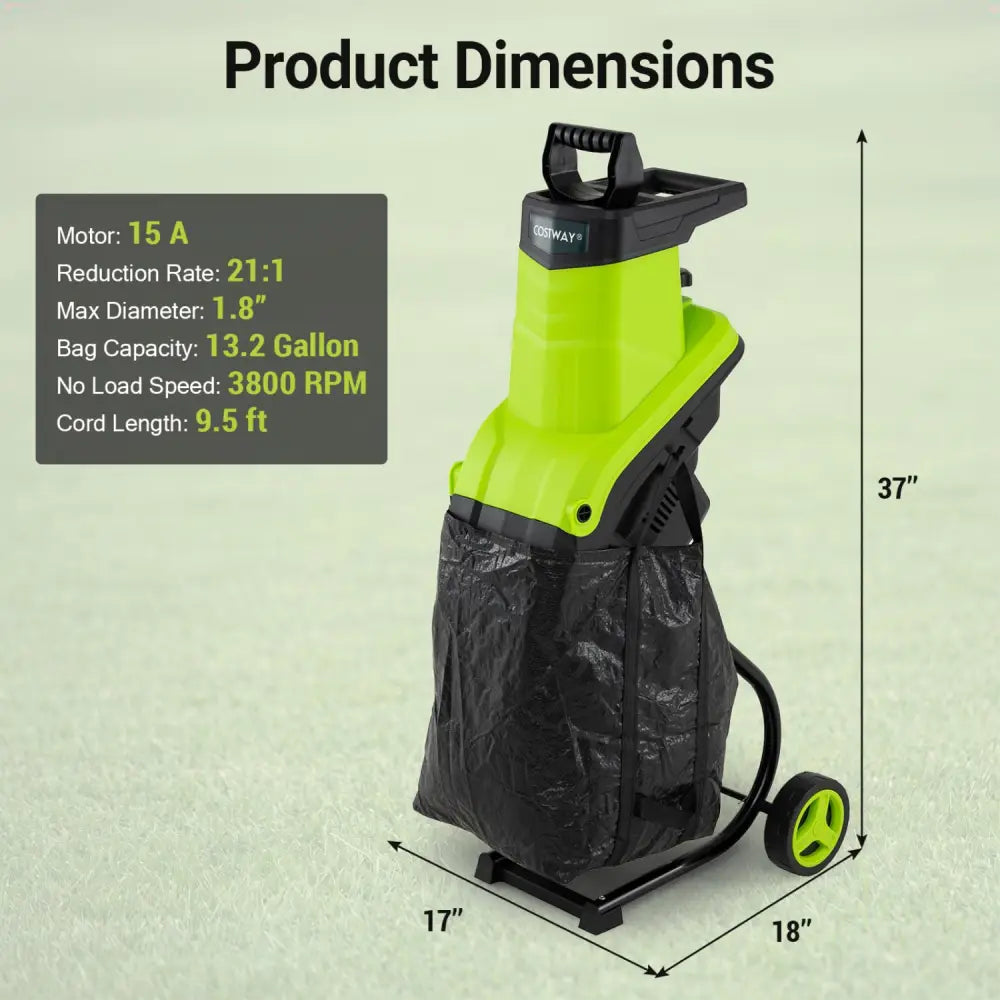 15-Amp Electric Wood Chipper Shredder Mulcher 1.8 Inch Max Cutting Diameter-Green - Green - Lawn Care Tools
