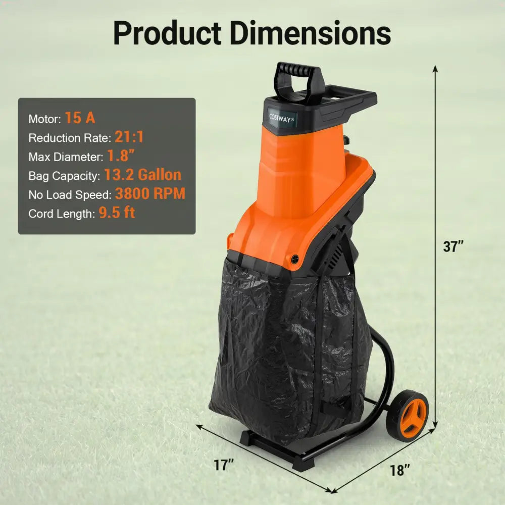 15-Amp Electric Wood Chipper Shredder Mulcher with 1.8 Inch Max Cutting Diameter-Orange - Orange - Lawn Care Tools
