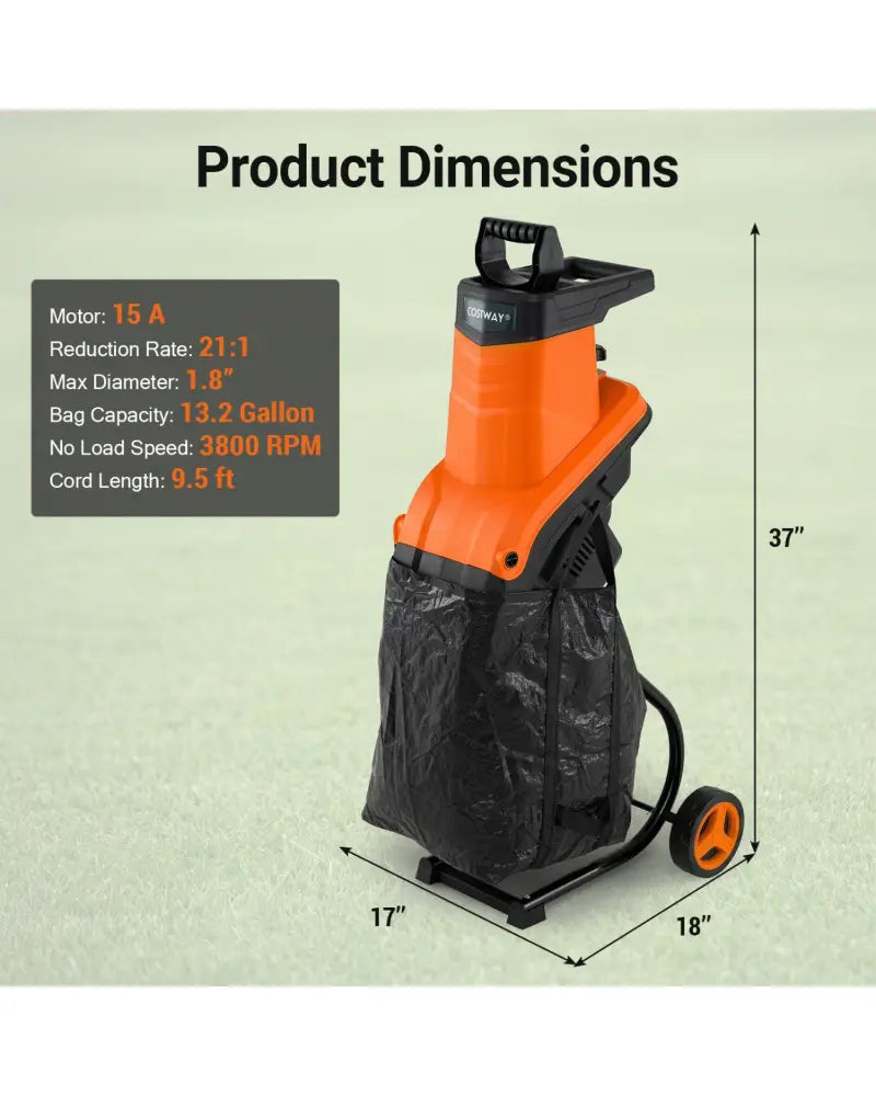 15-Amp Electric Wood Chipper Shredder Mulcher with 1.8 Inch Max Cutting Diameter-Orange - Orange - Lawn Care Tools