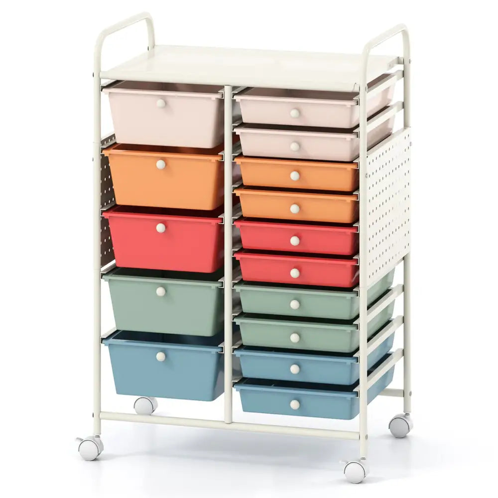 15-Drawer Rolling Storage Cart with Metal Tabletop and Pegboard-Macaron - Macaron - File Cabinets