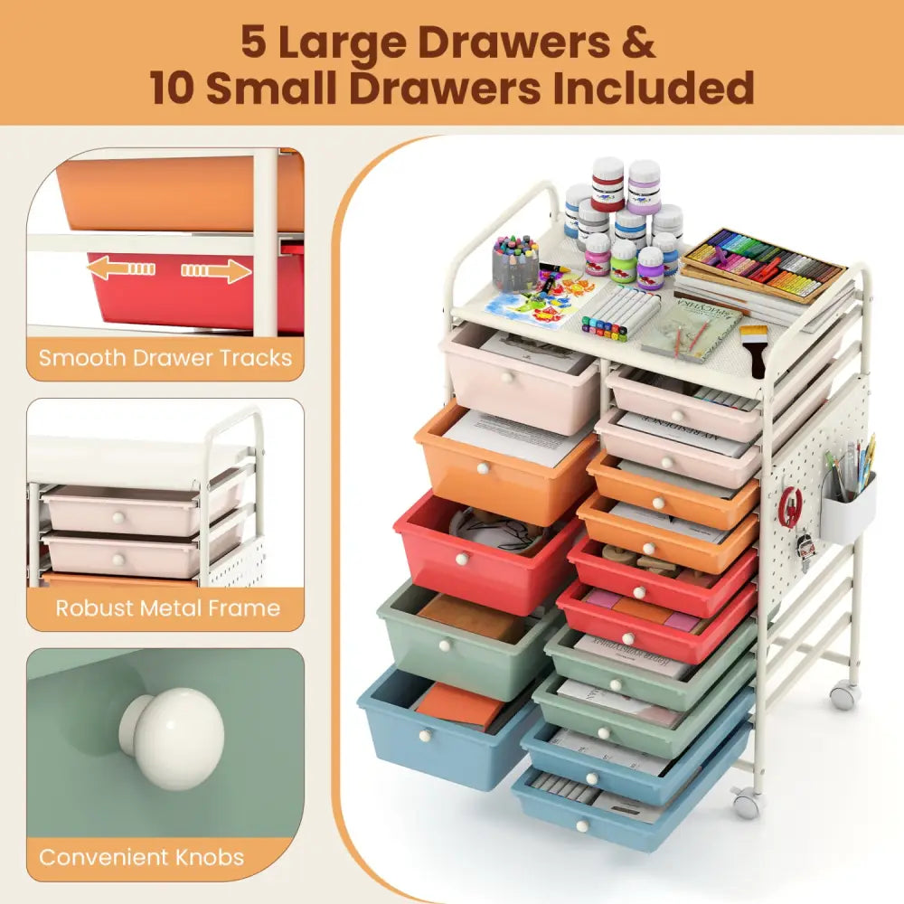 15-Drawer Rolling Storage Cart with Metal Tabletop and Pegboard-Macaron - Macaron - File Cabinets