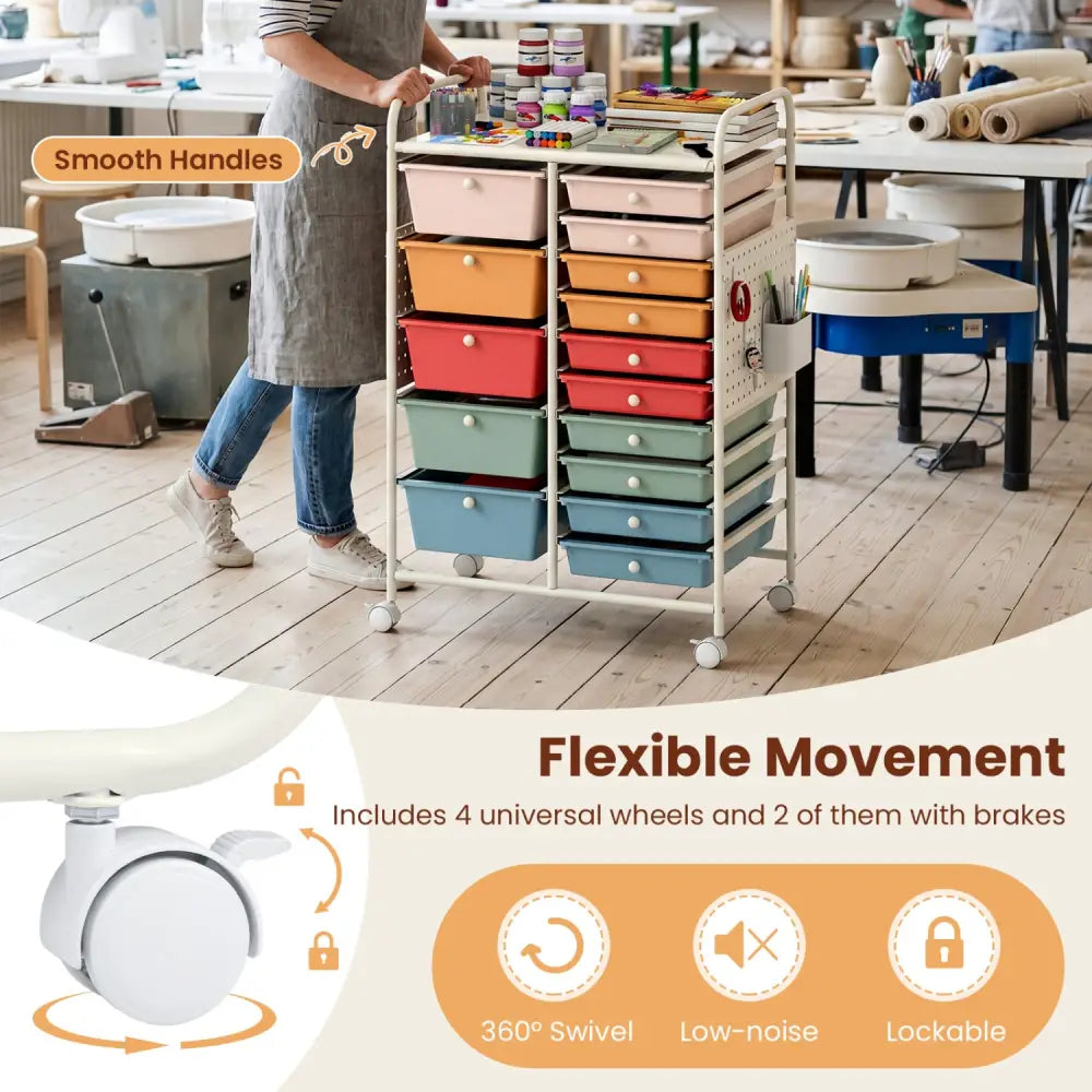 15-Drawer Rolling Storage Cart with Metal Tabletop and Pegboard-Macaron - Macaron - File Cabinets
