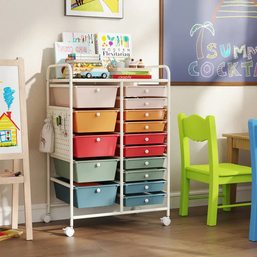 15-Drawer Rolling Storage Cart with Metal Tabletop and Pegboard-Macaron - Macaron - File Cabinets
