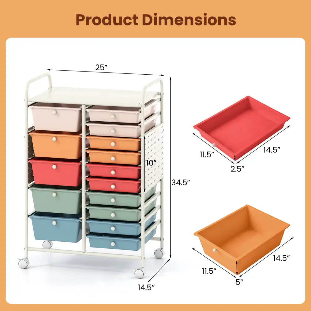 15-Drawer Rolling Storage Cart with Metal Tabletop and Pegboard-Macaron - Macaron - File Cabinets