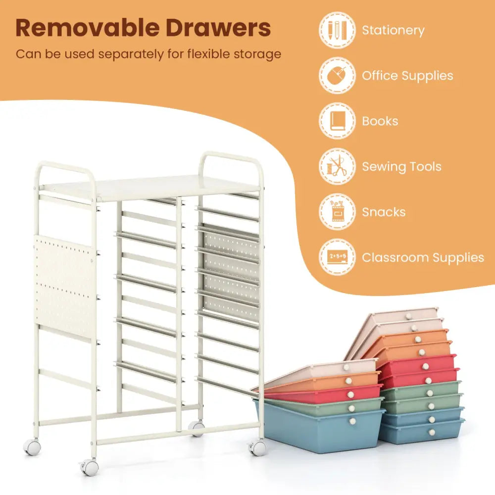 15-Drawer Rolling Storage Cart with Metal Tabletop and Pegboard-Macaron - Macaron - File Cabinets