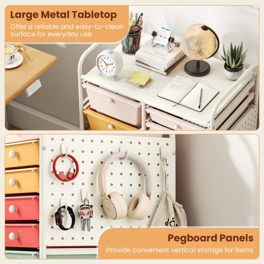 15-Drawer Rolling Storage Cart with Metal Tabletop and Pegboard-Macaron - Macaron - File Cabinets