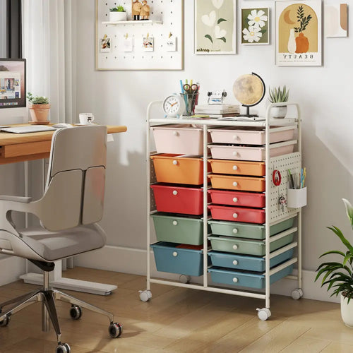 15-Drawer Rolling Storage Cart with Metal Tabletop and Pegboard-Macaron - Macaron - File Cabinets