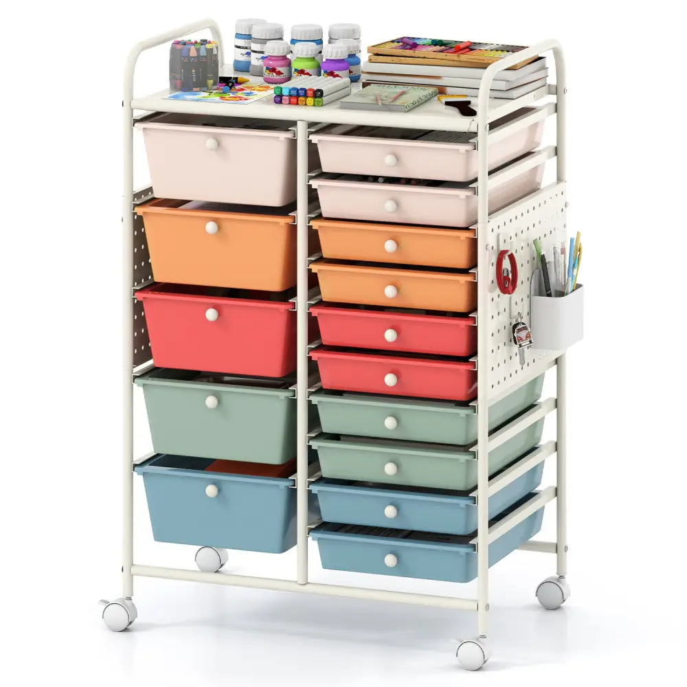15-Drawer Rolling Storage Cart with Metal Tabletop and Pegboard-Macaron - Macaron - File Cabinets