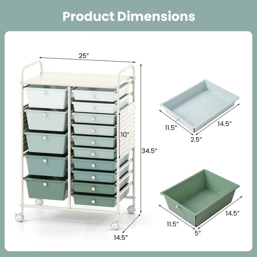 15-Drawer Rolling Storage Cart with Metal Tabletop and Pegboard-Green - Green - File Cabinets