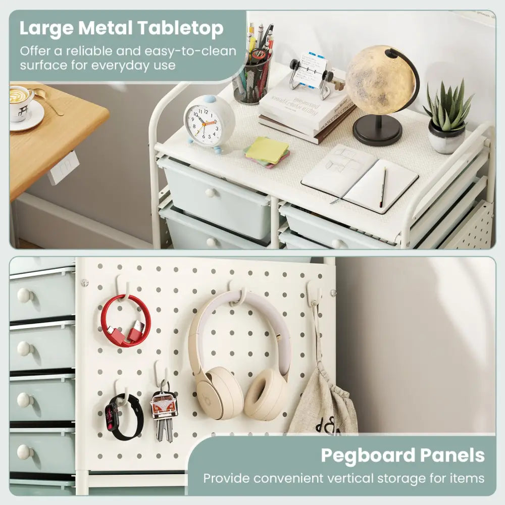 15-Drawer Rolling Storage Cart with Metal Tabletop and Pegboard-Green - Green - File Cabinets