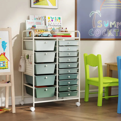 15-Drawer Rolling Storage Cart with Metal Tabletop and Pegboard-Green - Green - File Cabinets