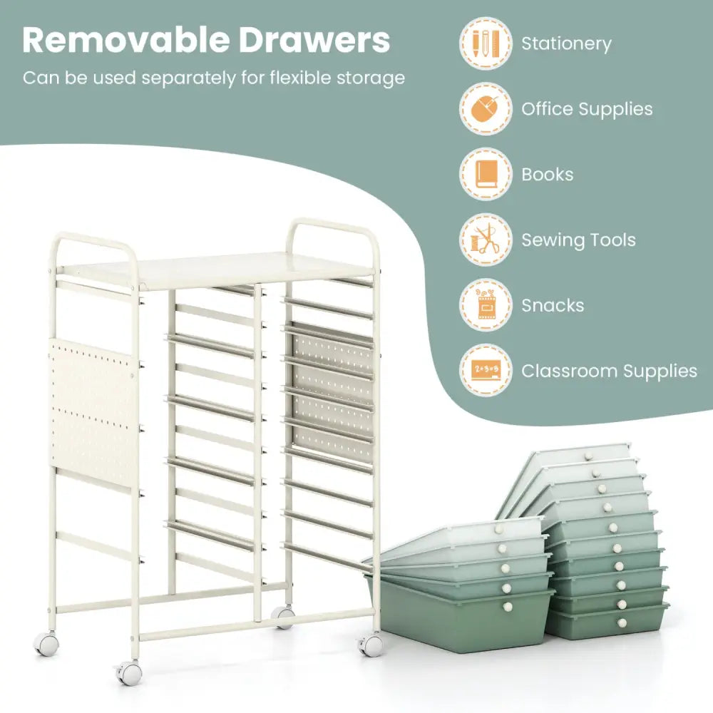 15-Drawer Rolling Storage Cart with Metal Tabletop and Pegboard-Green - Green - File Cabinets