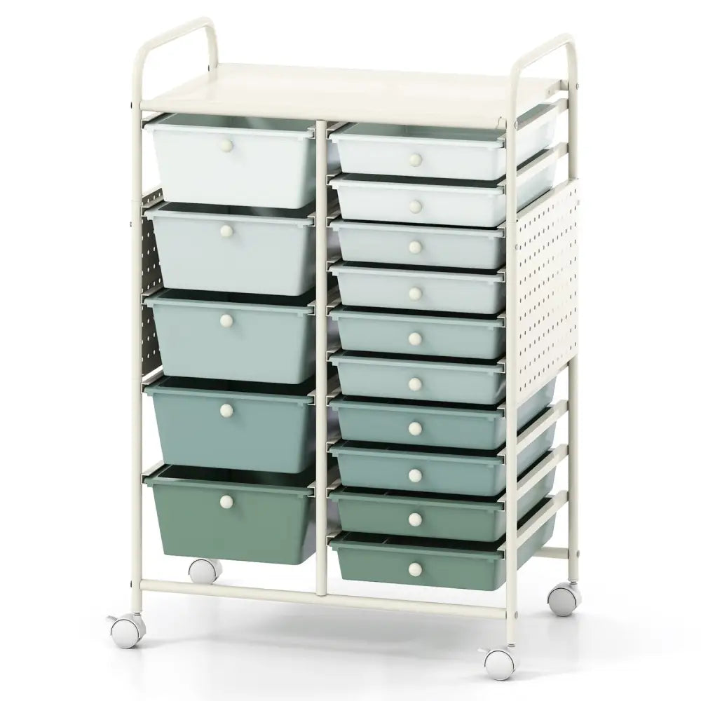 15-Drawer Rolling Storage Cart with Metal Tabletop and Pegboard-Green - Green - File Cabinets