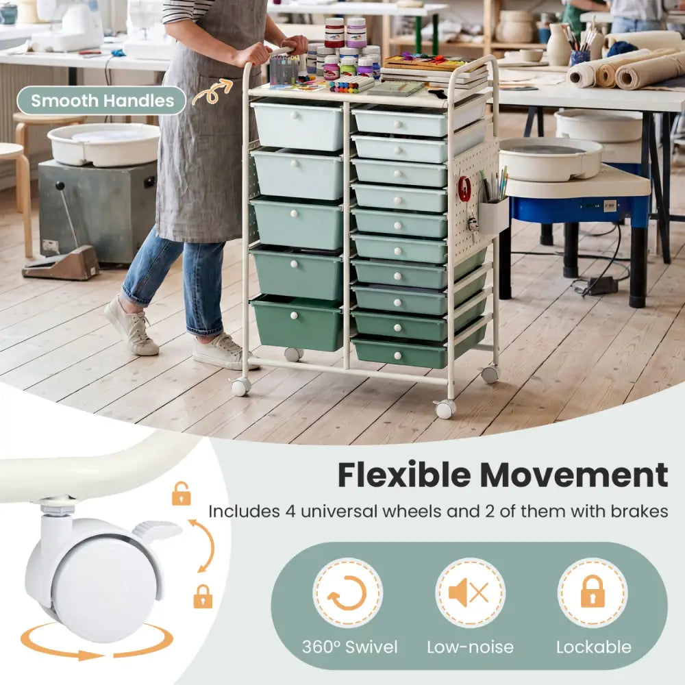 15-Drawer Rolling Storage Cart with Metal Tabletop and Pegboard-Green - Green - File Cabinets