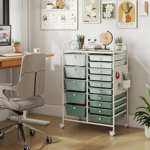 15-Drawer Rolling Storage Cart with Metal Tabletop and Pegboard-Green - Green - File Cabinets