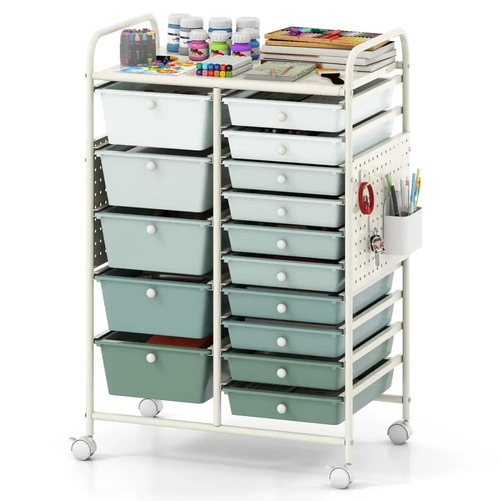 15-Drawer Rolling Storage Cart with Metal Tabletop and Pegboard-Green - Green - File Cabinets