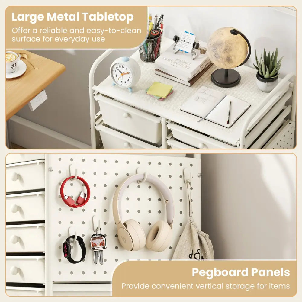 15-Drawer Rolling Storage Cart with Metal Tabletop and Pegboard-White - White - File Cabinets