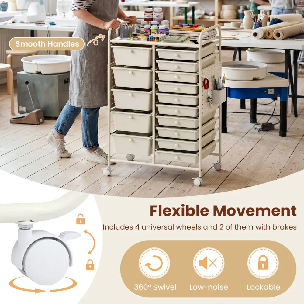 15-Drawer Rolling Storage Cart with Metal Tabletop and Pegboard-White - White - File Cabinets