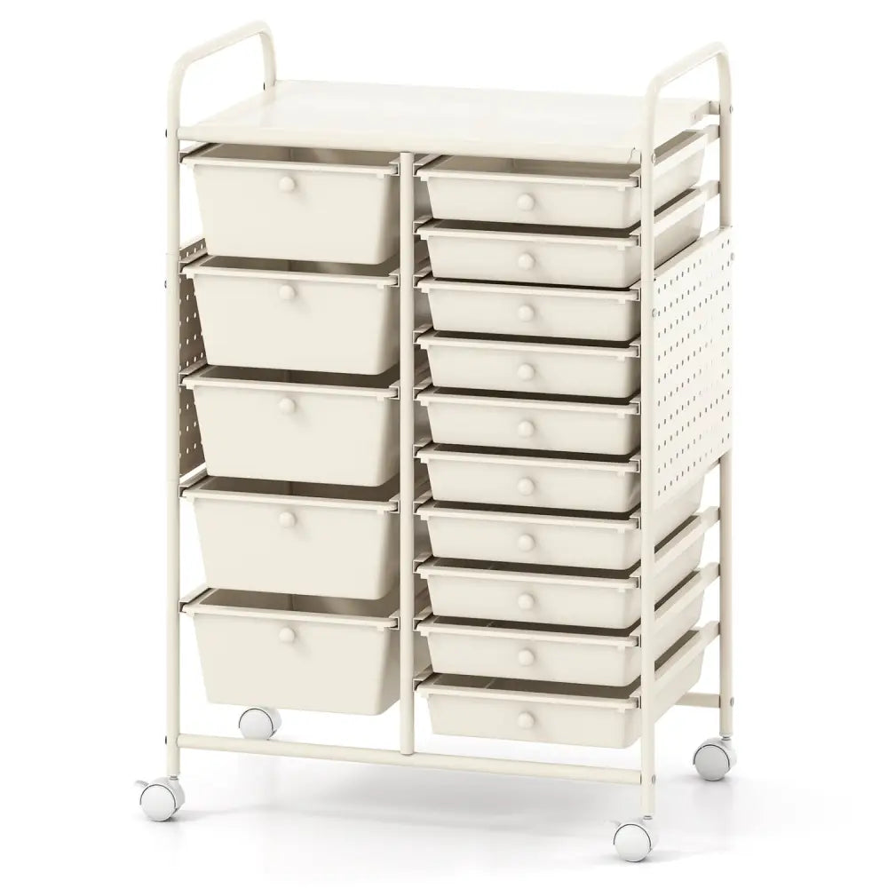 15-Drawer Rolling Storage Cart with Metal Tabletop and Pegboard-White - White - File Cabinets