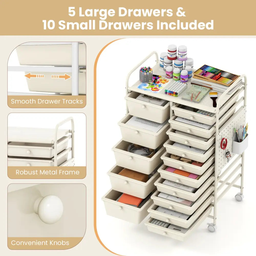 15-Drawer Rolling Storage Cart with Metal Tabletop and Pegboard-White - White - File Cabinets