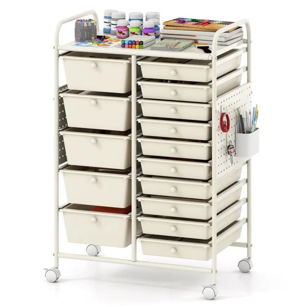 15-Drawer Rolling Storage Cart with Metal Tabletop and Pegboard-White - White - File Cabinets