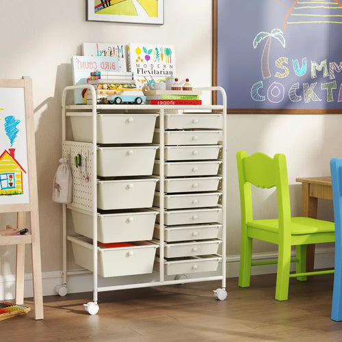 15-Drawer Rolling Storage Cart with Metal Tabletop and Pegboard-White - White - File Cabinets