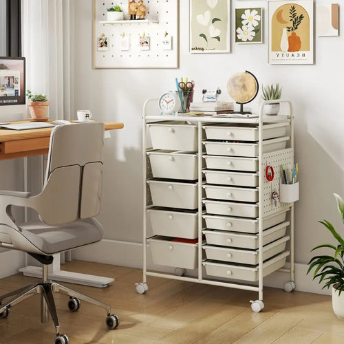 15-Drawer Rolling Storage Cart with Metal Tabletop and Pegboard-White - White - File Cabinets