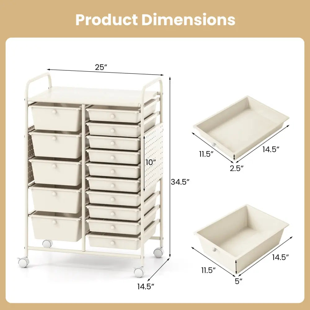 15-Drawer Rolling Storage Cart with Metal Tabletop and Pegboard-White - White - File Cabinets