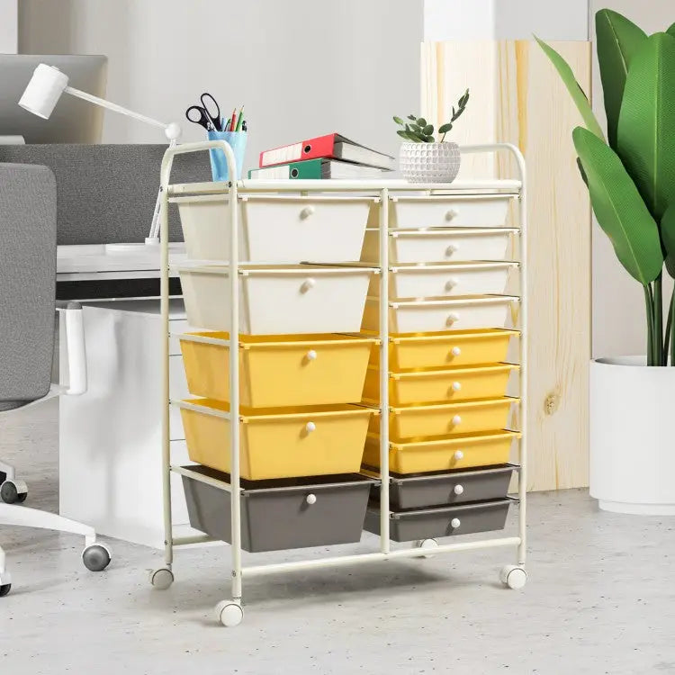 15-Drawer Storage Rolling Organizer Cart-Yellow - Yellow - File Cabinets