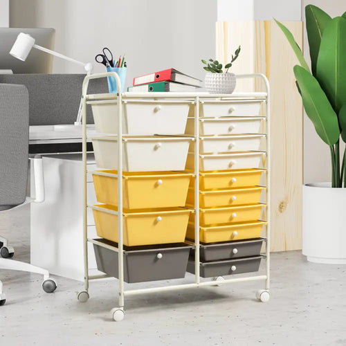 15-Drawer Storage Rolling Organizer Cart-Yellow - Yellow - File Cabinets