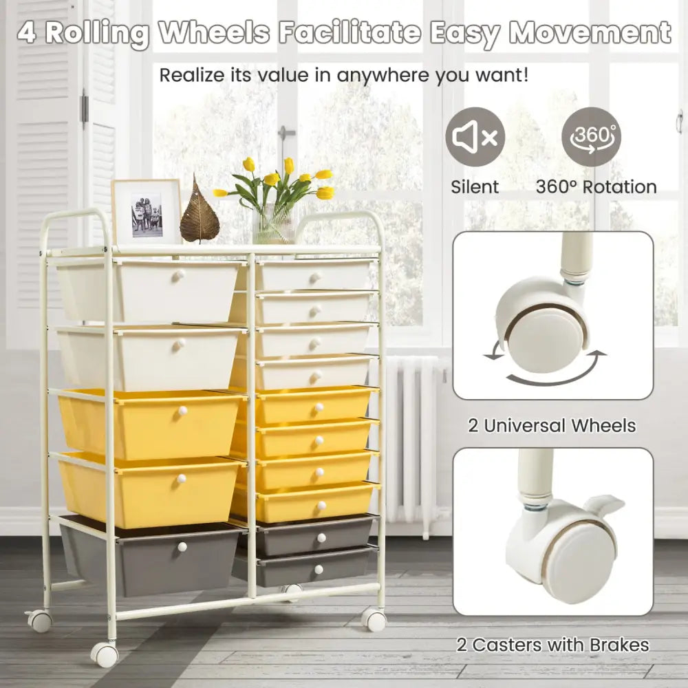 15-Drawer Storage Rolling Organizer Cart-Yellow - Yellow - File Cabinets