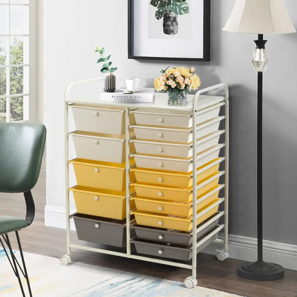 15-Drawer Storage Rolling Organizer Cart-Yellow - Yellow - File Cabinets
