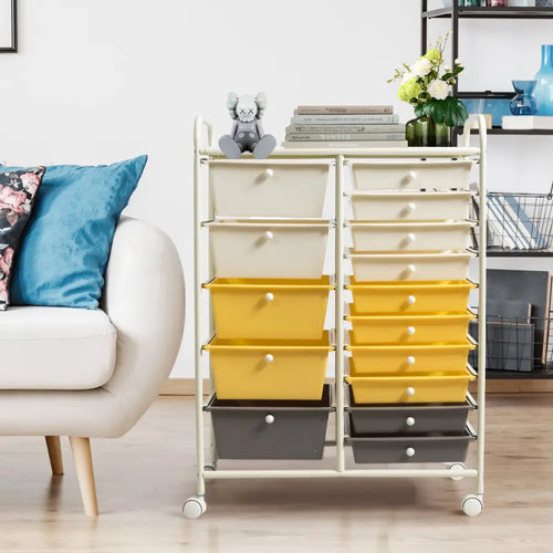 15-Drawer Storage Rolling Organizer Cart-Yellow - Yellow - File Cabinets