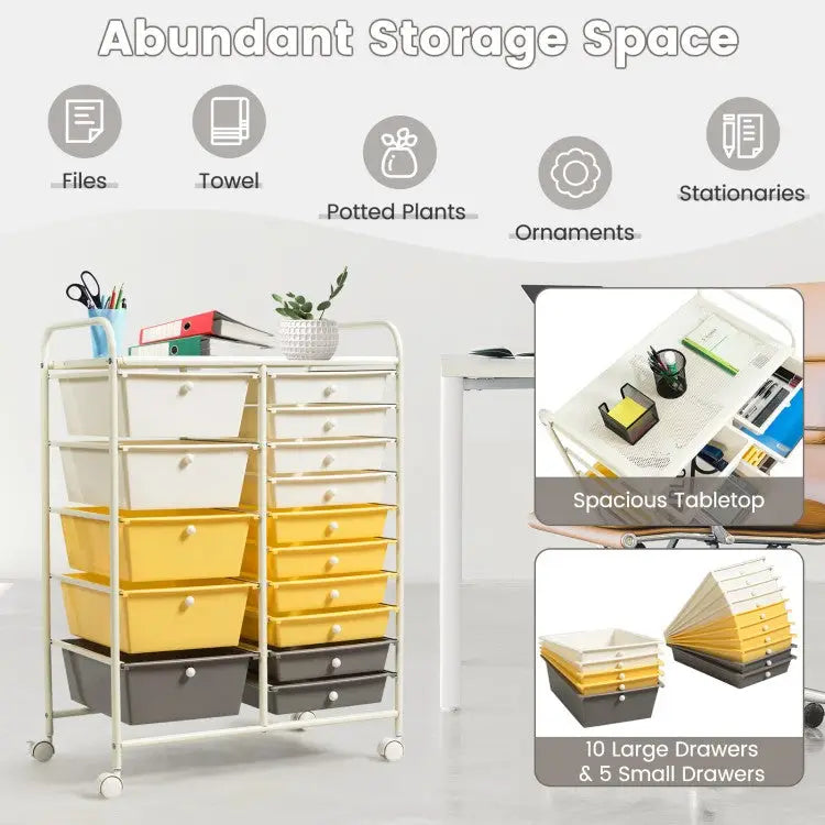 15-Drawer Storage Rolling Organizer Cart-Yellow - Yellow - File Cabinets