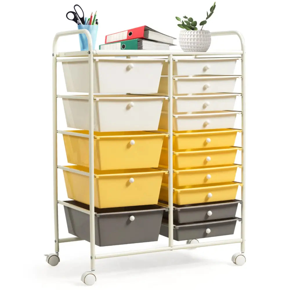 15-Drawer Storage Rolling Organizer Cart-Yellow - Yellow - File Cabinets