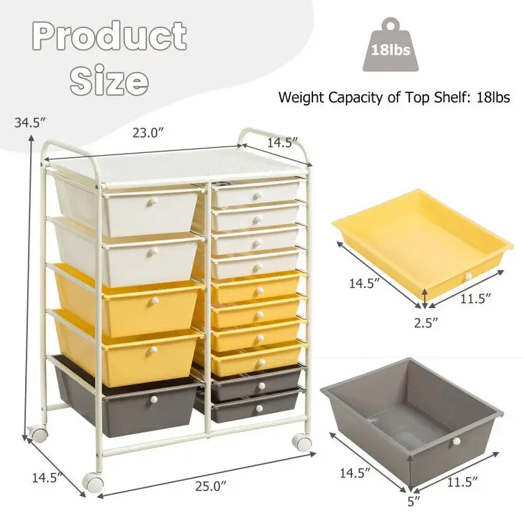 15-Drawer Storage Rolling Organizer Cart-Yellow - Yellow - File Cabinets