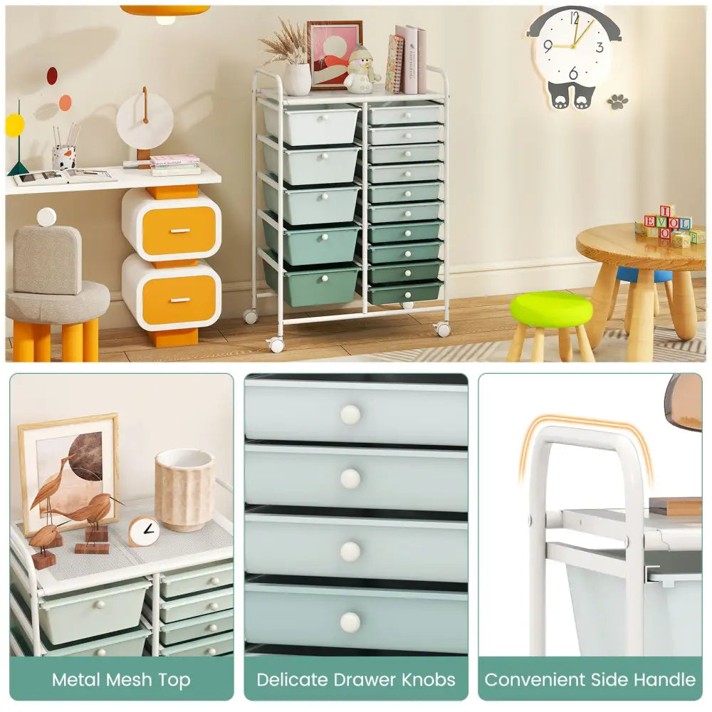 15-Drawer Utility Rolling Cart with Drawers Multi-Use Storage-Lime Green - Light Green - File Cabinets
