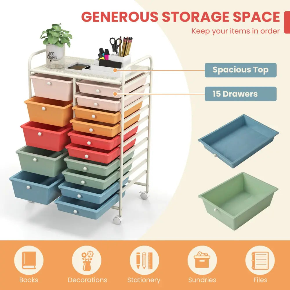 15-Drawer Utility Rolling Organizer Cart-Deep Multicolor - Deep Multicolor - File Cabinets