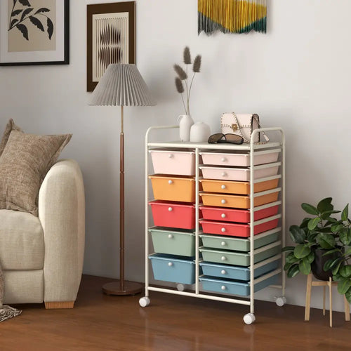 15-Drawer Utility Rolling Organizer Cart-Deep Multicolor - Deep Multicolor - File Cabinets