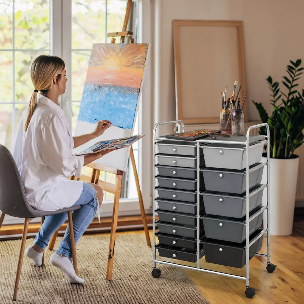 15-Drawer Utility Rolling Organizer Cart Multi-Use Storage-Black & Gray - Gradient Gray - File Cabinets