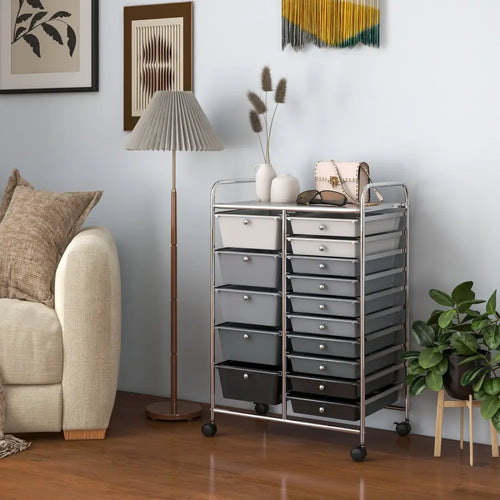 15-Drawer Utility Rolling Organizer Cart Multi-Use Storage-Black & Gray - Gradient Gray - File Cabinets