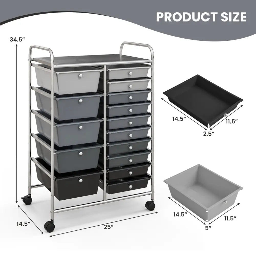 15-Drawer Utility Rolling Organizer Cart Multi-Use Storage-Black & Gray - Gradient Gray - File Cabinets
