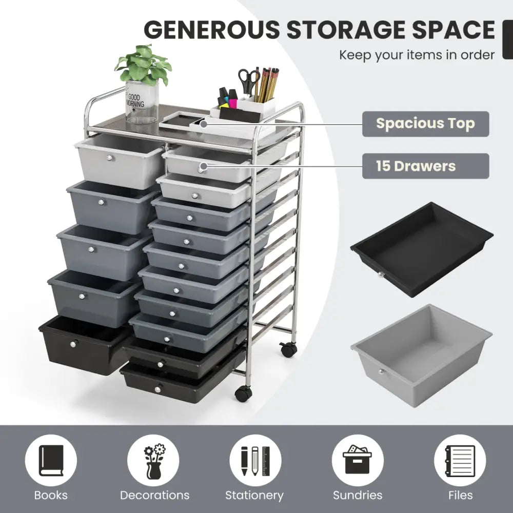 15-Drawer Utility Rolling Organizer Cart Multi-Use Storage-Black & Gray - Gradient Gray - File Cabinets
